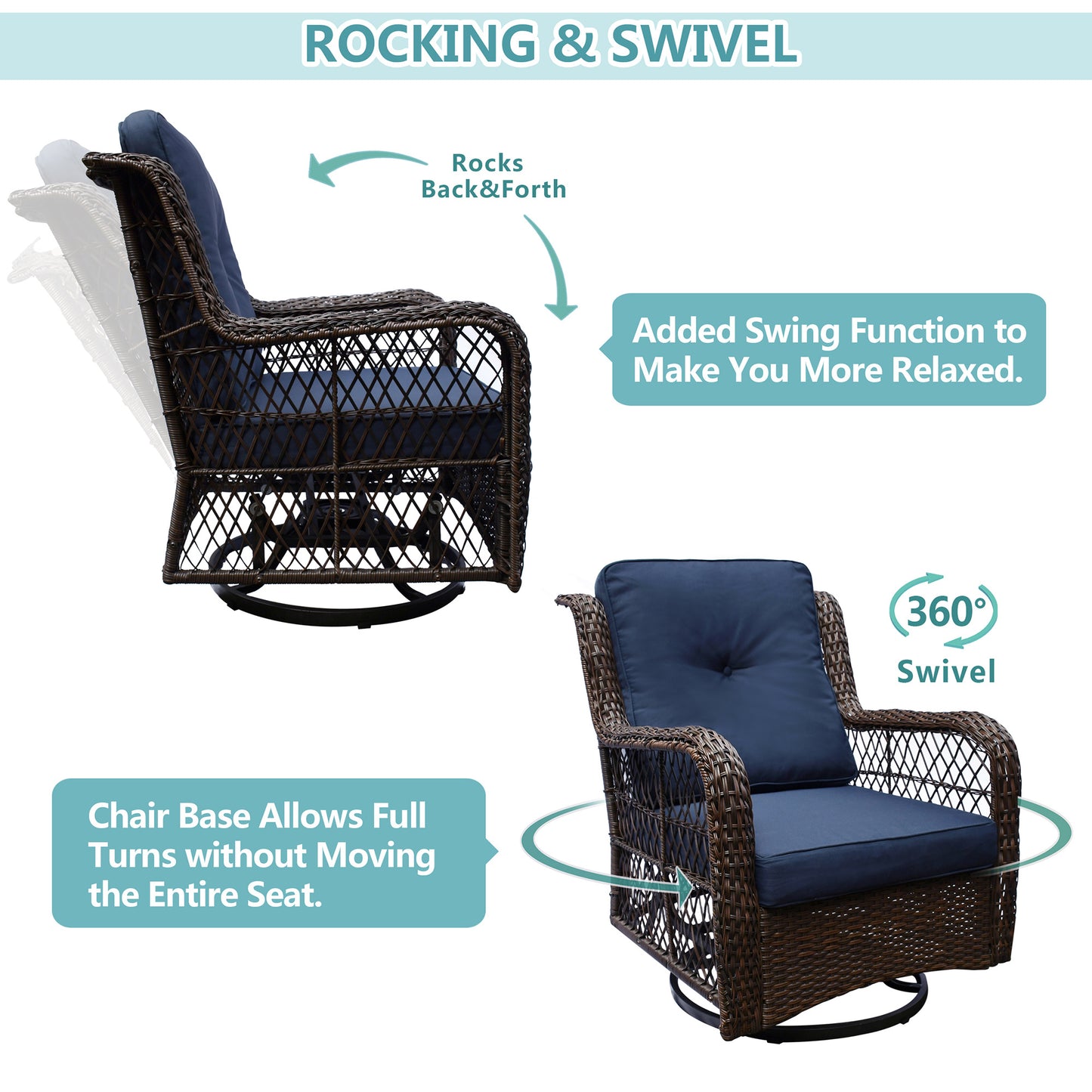 Outdoor Bistro Set 3 Pieces;  Outdoor Resin Wicker Swivel Rocker Patio Chair;  360-Degree Swivel Rocking Chairs and Tempered Glass Top Side Coffee Table;  Outdoor Rattan Conversation Sets