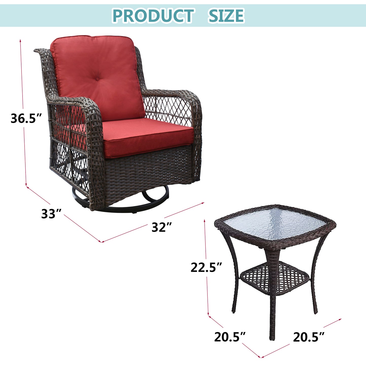 Outdoor Bistro Set 3 Pieces;  Outdoor Resin Wicker Swivel Rocker Patio Chair;  360-Degree Swivel Rocking Chairs and Tempered Glass Top Side Coffee Table;  Outdoor Rattan Conversation Sets