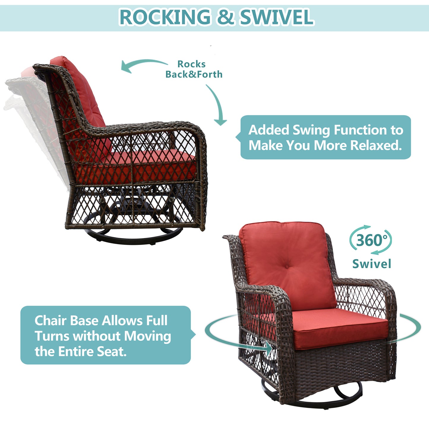 Outdoor Bistro Set 3 Pieces;  Outdoor Resin Wicker Swivel Rocker Patio Chair;  360-Degree Swivel Rocking Chairs and Tempered Glass Top Side Coffee Table;  Outdoor Rattan Conversation Sets