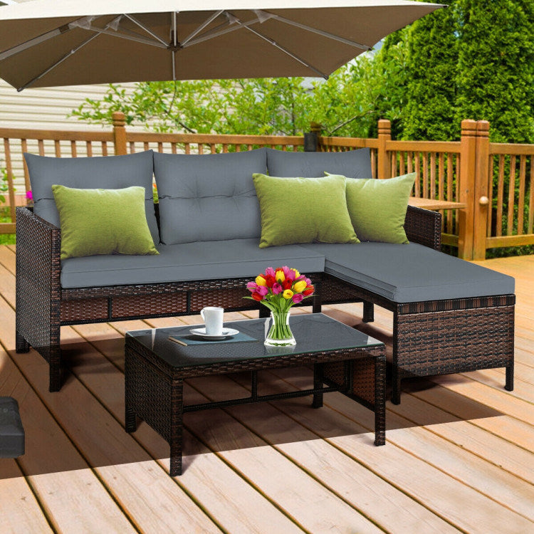 3 Pieces Outdoor Patio Corner Rattan Sofa Set