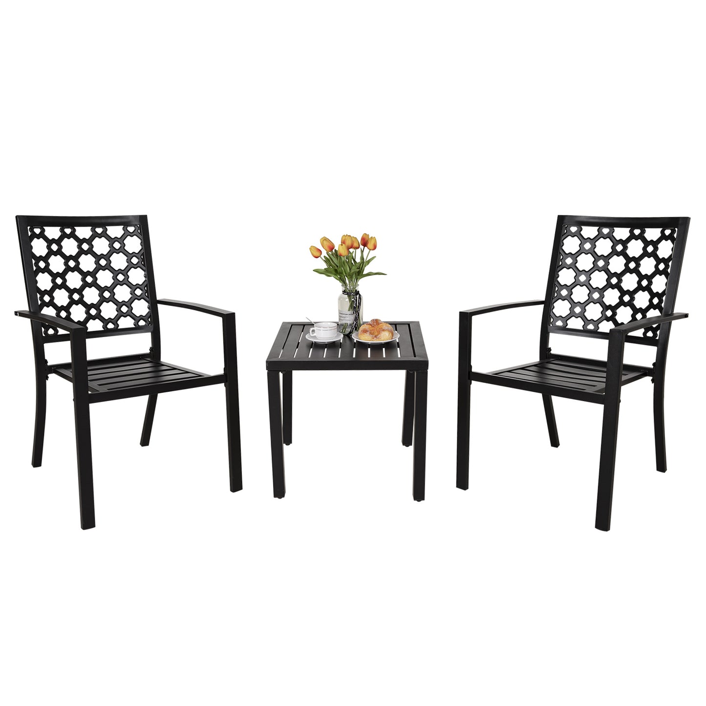 MEOOEM Patio Dining Set Outdoor Metal Square Bistro Side/End Table and Stackable Patio Dining Chairs;  Black