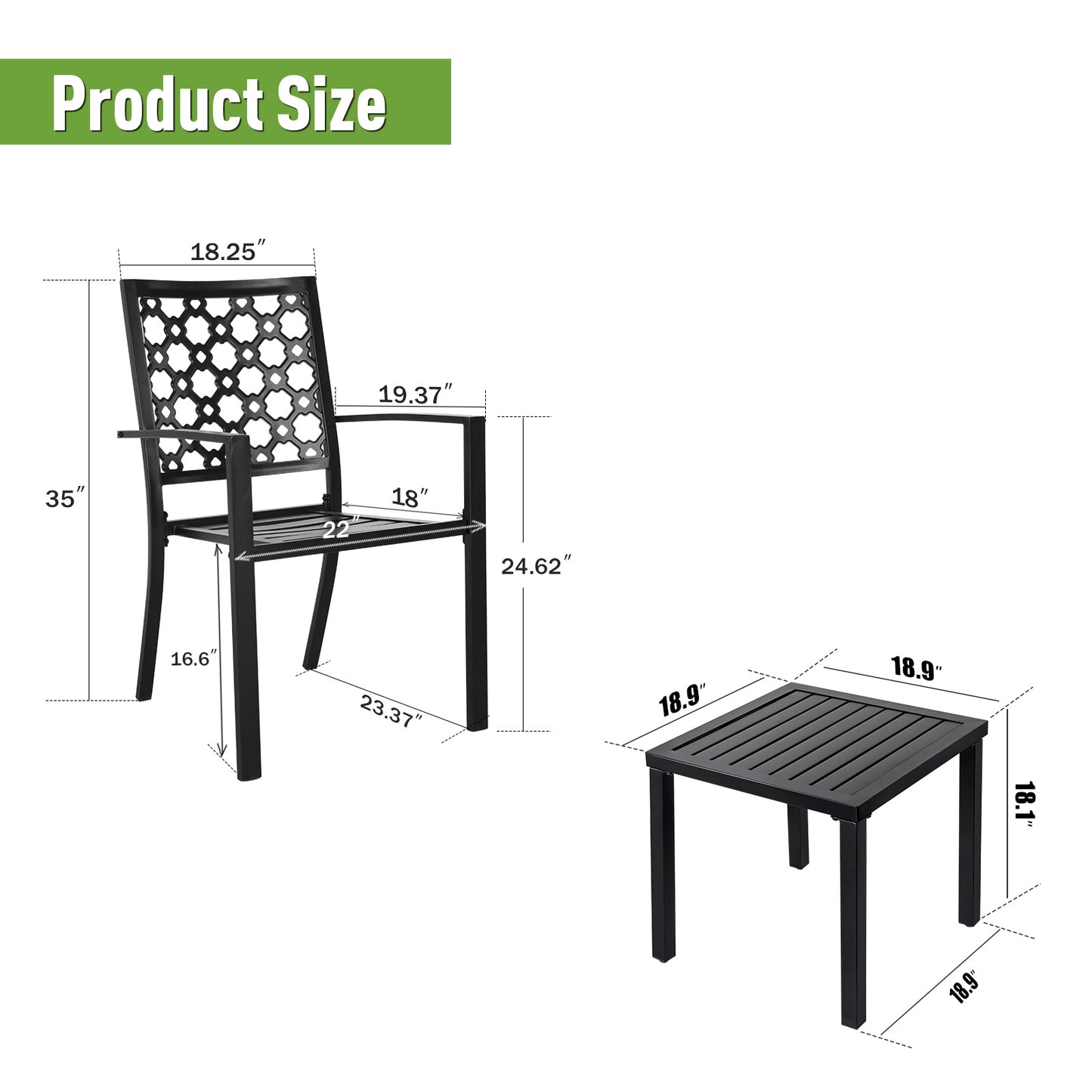 MEOOEM Patio Dining Set Outdoor Metal Square Bistro Side/End Table and Stackable Patio Dining Chairs;  Black