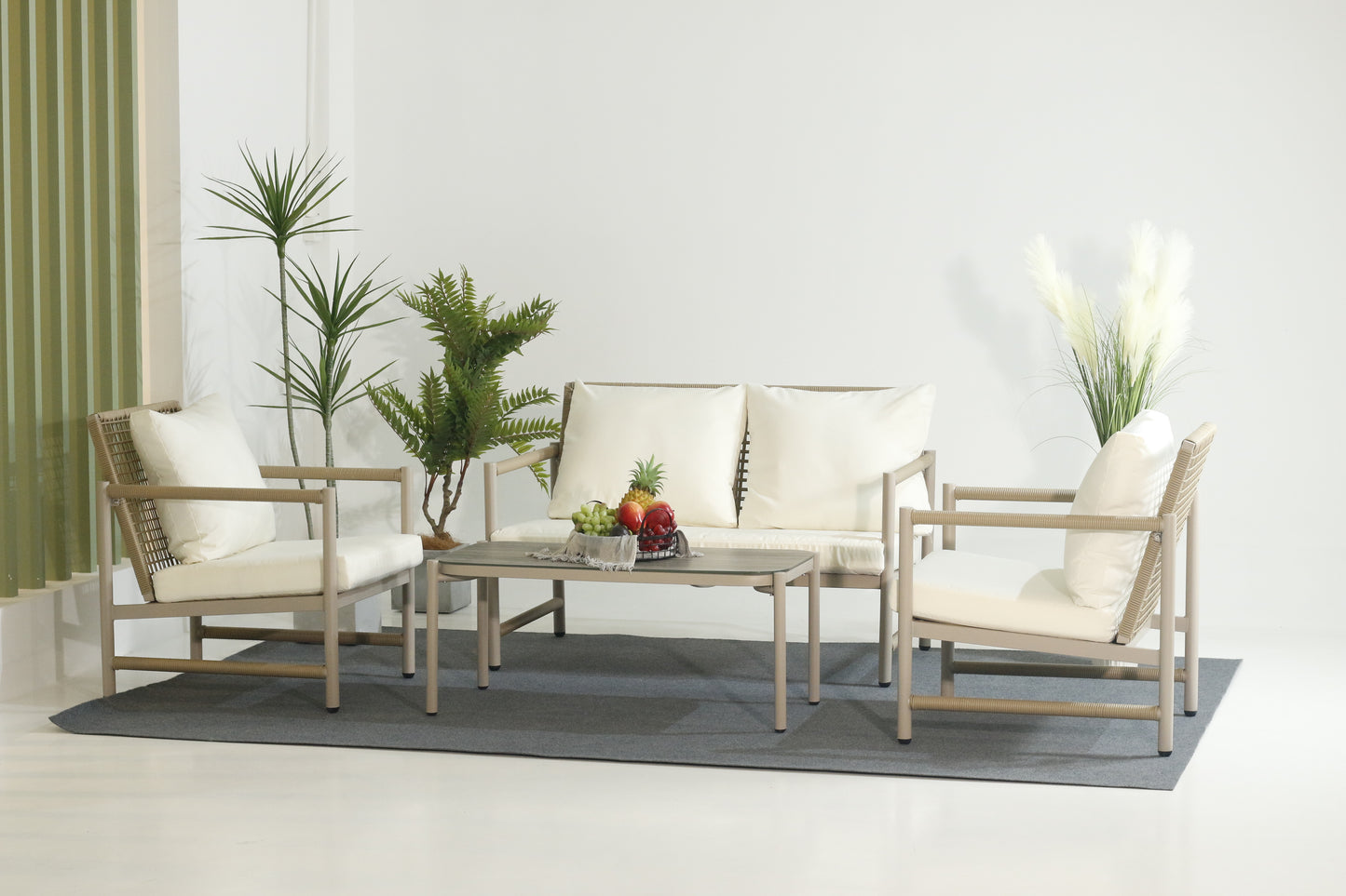 4 Pieces Patio Furniture Set, PE Rattan Wicker 4 Pcs Outdoor Sofa Set w/Washable Cushion and Tempered Glass Tabletop, Conversation Furniture for Garden Poolside Balcony