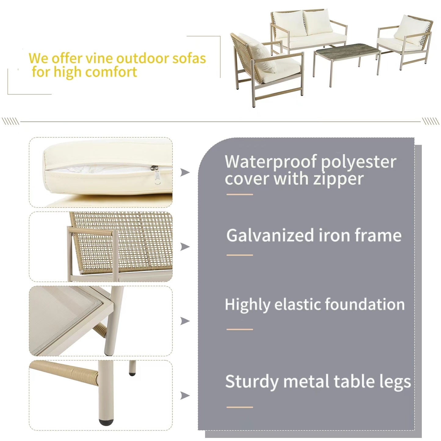 4 Pieces Patio Furniture Set, PE Rattan Wicker 4 Pcs Outdoor Sofa Set w/Washable Cushion and Tempered Glass Tabletop, Conversation Furniture for Garden Poolside Balcony