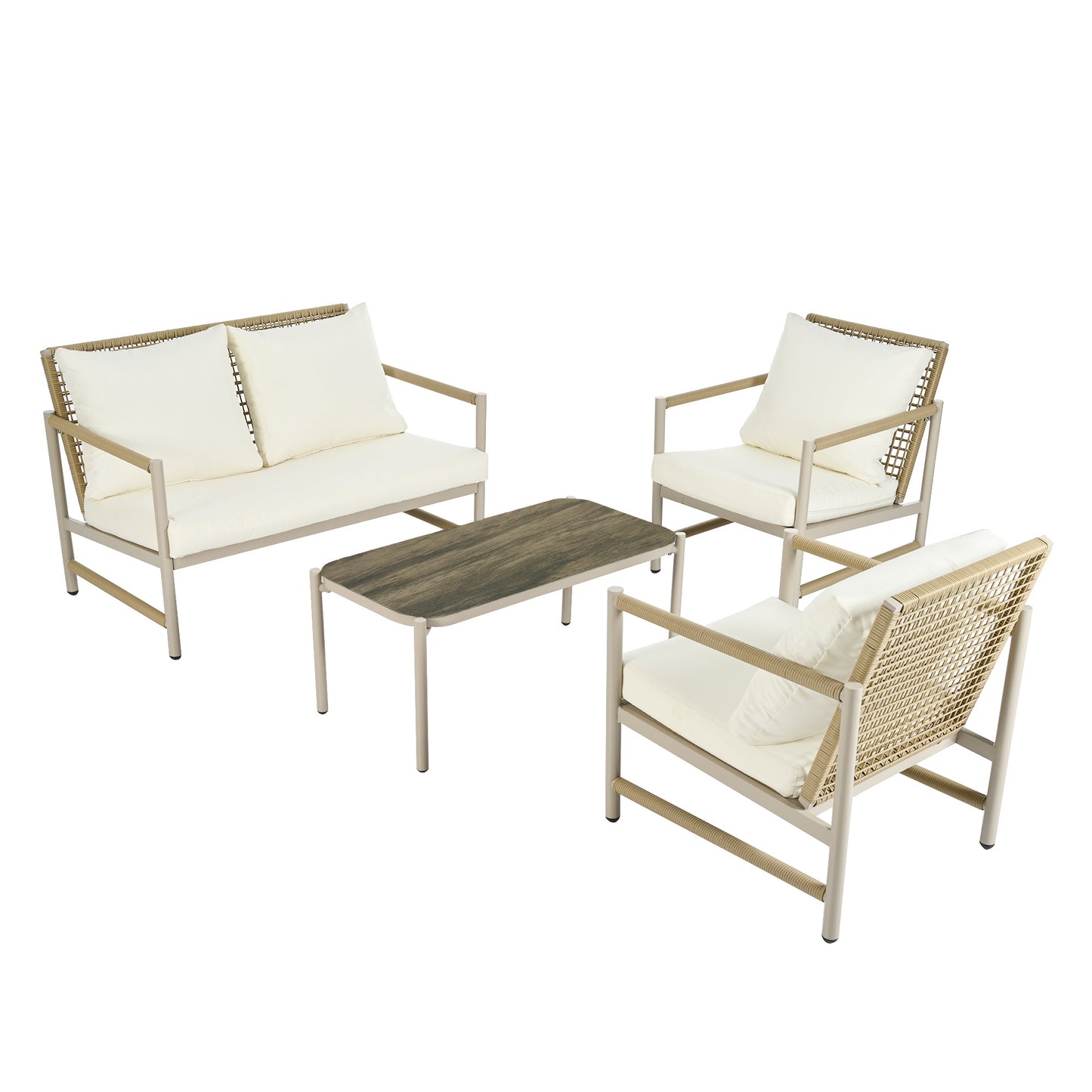 4 Pieces Patio Furniture Set, PE Rattan Wicker 4 Pcs Outdoor Sofa Set w/Washable Cushion and Tempered Glass Tabletop, Conversation Furniture for Garden Poolside Balcony