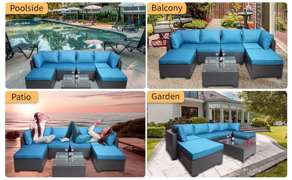 7 Pieces Outdoor Patio Sectional Sofa Couch, Silver Gray PE Wicker Furniture Conversation Sets with Washable Cushions & Glass Coffee Table for Garden, Poolside, Backyard