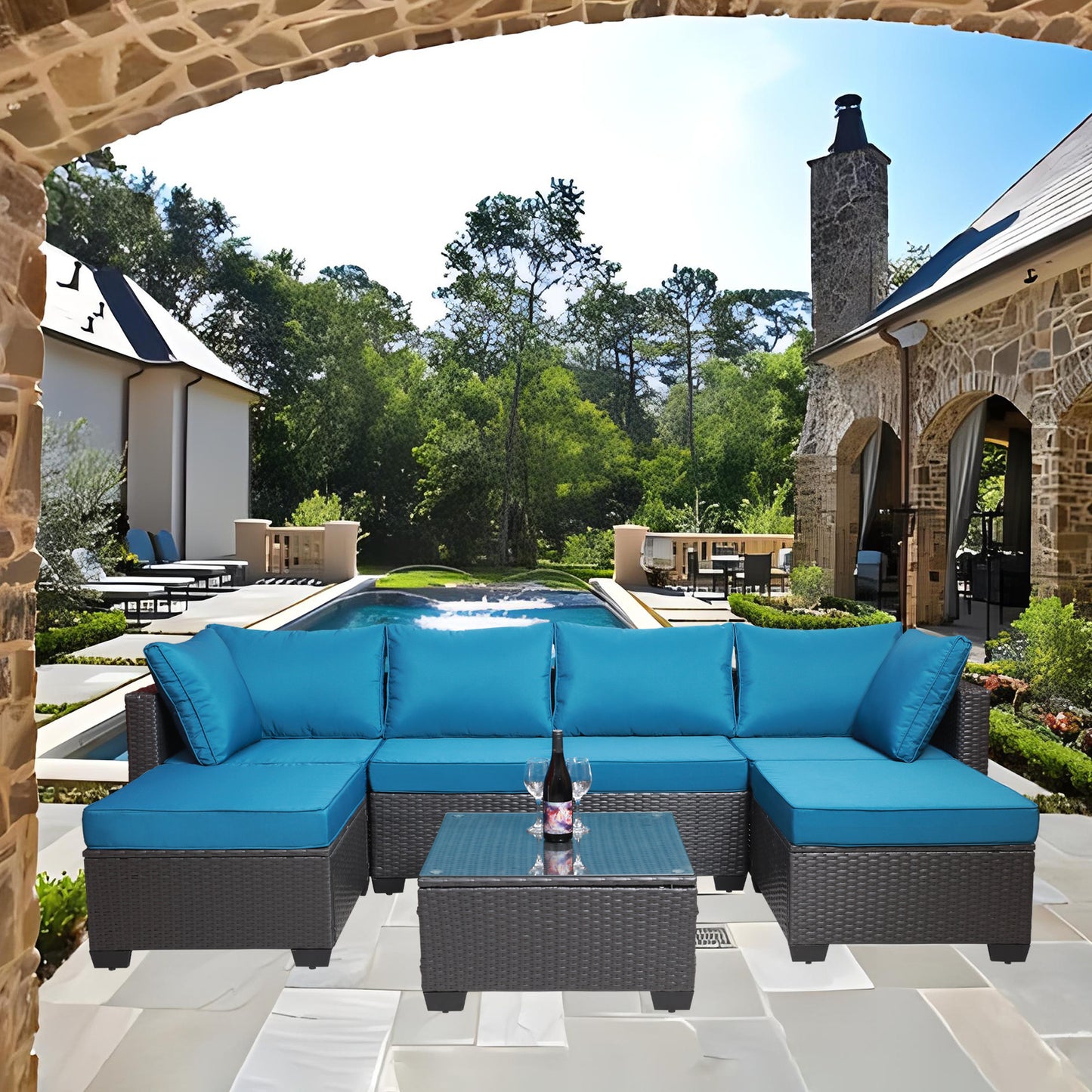 7 Pieces Outdoor Patio Sectional Sofa Couch, Silver Gray PE Wicker Furniture Conversation Sets with Washable Cushions & Glass Coffee Table for Garden, Poolside, Backyard