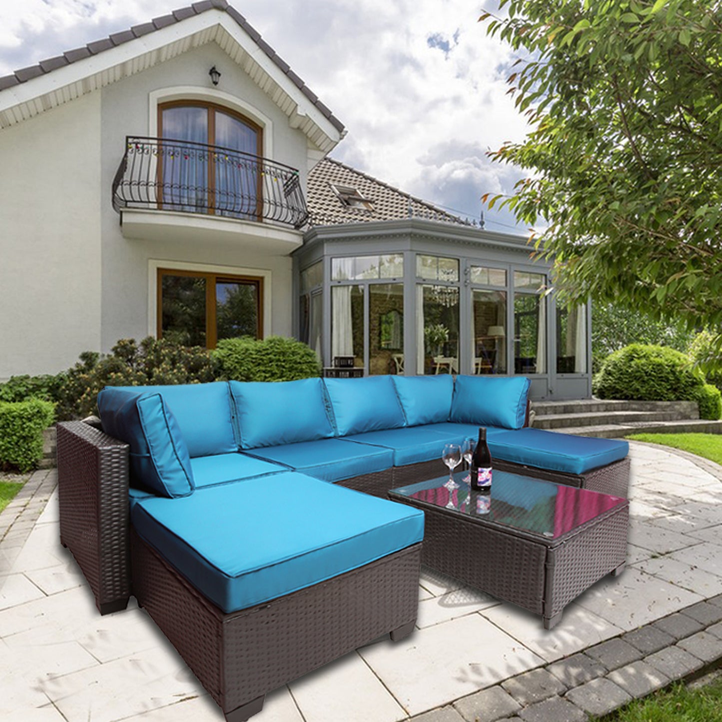 7 Pieces Outdoor Patio Sectional Sofa Couch, Silver Gray PE Wicker Furniture Conversation Sets with Washable Cushions & Glass Coffee Table for Garden, Poolside, Backyard