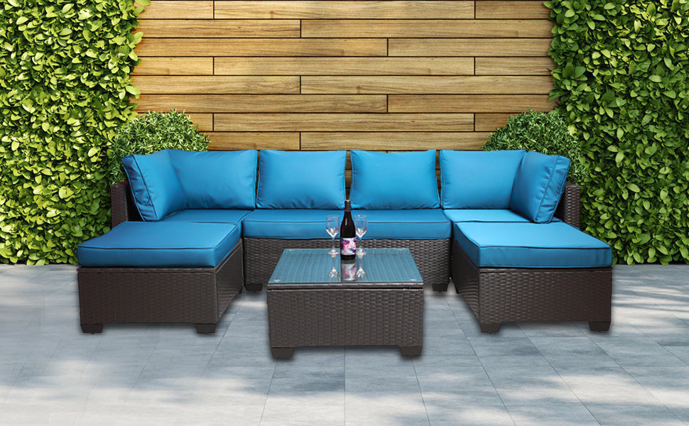 7 Pieces Outdoor Patio Sectional Sofa Couch, Silver Gray PE Wicker Furniture Conversation Sets with Washable Cushions & Glass Coffee Table for Garden, Poolside, Backyard