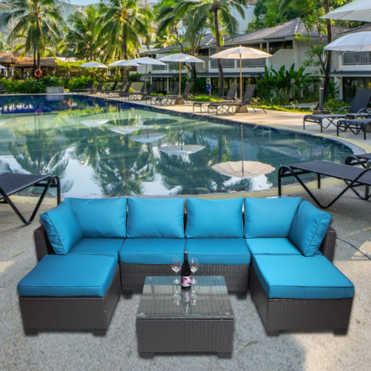 7 Pieces Outdoor Patio Sectional Sofa Couch, Silver Gray PE Wicker Furniture Conversation Sets with Washable Cushions & Glass Coffee Table for Garden, Poolside, Backyard