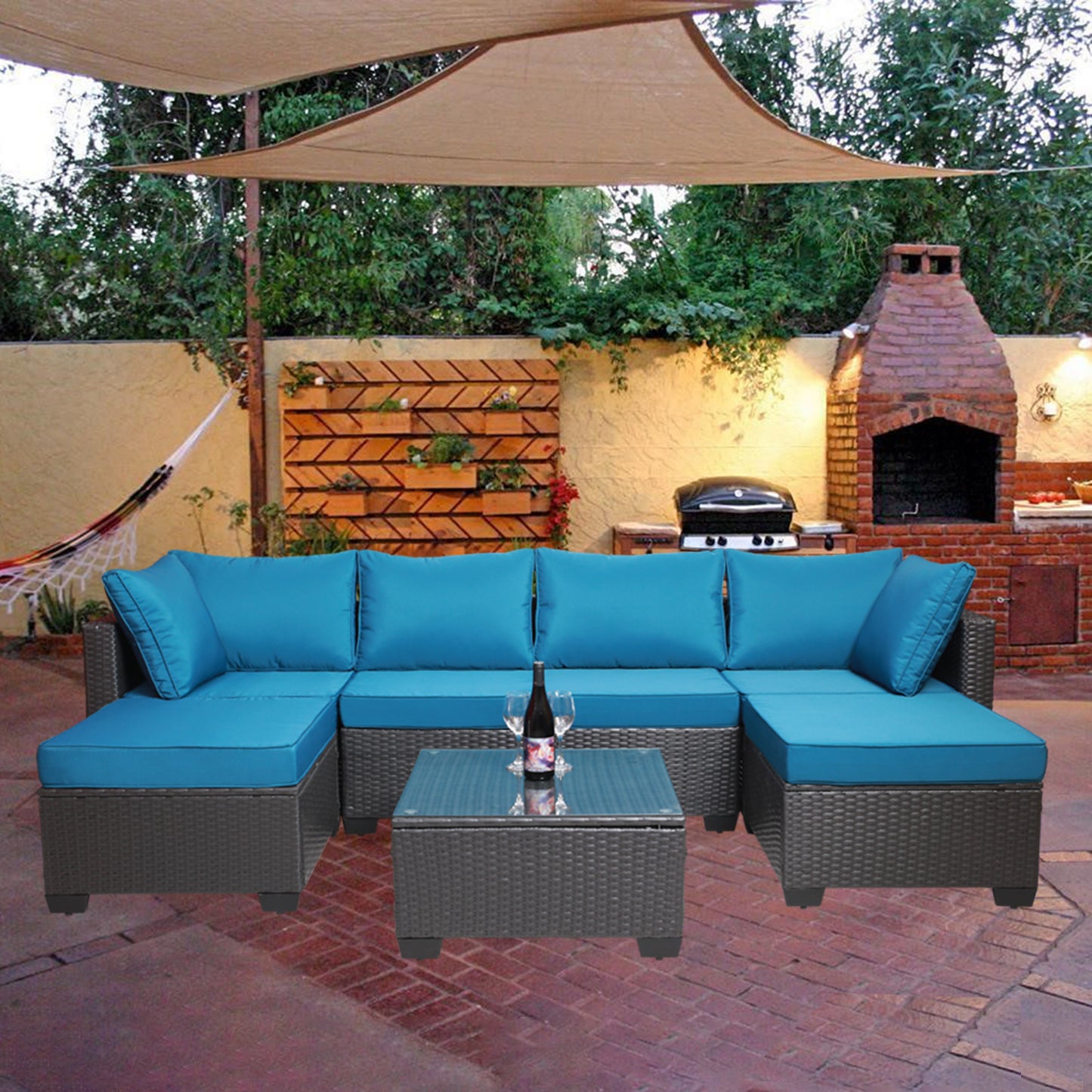 7 Pieces Outdoor Patio Sectional Sofa Couch, Silver Gray PE Wicker Furniture Conversation Sets with Washable Cushions & Glass Coffee Table for Garden, Poolside, Backyard