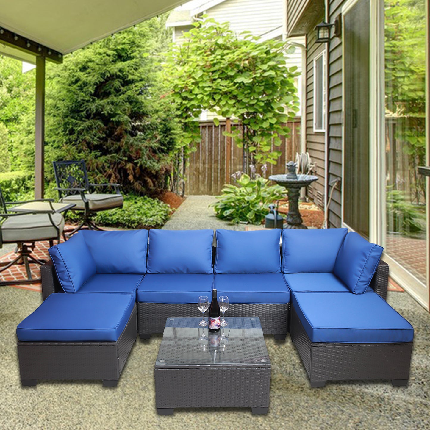 7 Pieces Outdoor Patio Sectional Sofa Couch, Silver Gray PE Wicker Furniture Conversation Sets with Washable Cushions & Glass Coffee Table for Garden, Poolside, Backyard