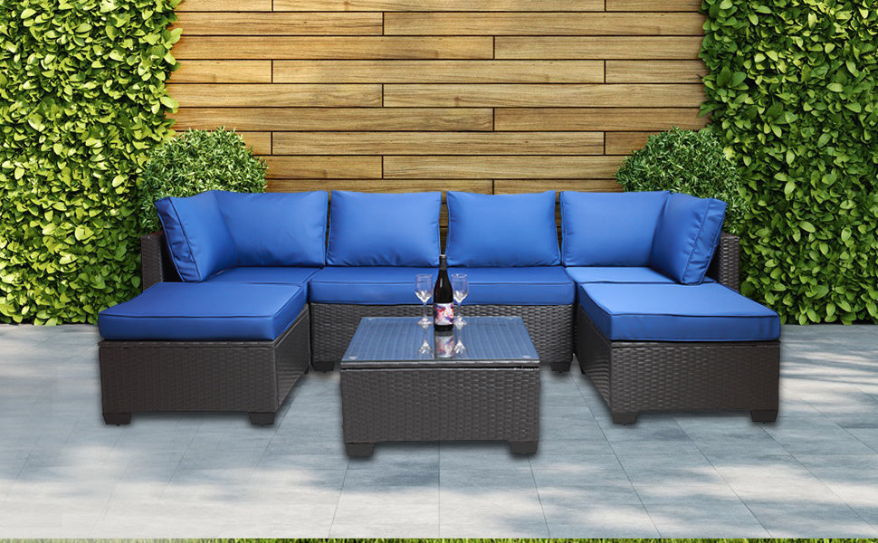 7 Pieces Outdoor Patio Sectional Sofa Couch, Silver Gray PE Wicker Furniture Conversation Sets with Washable Cushions & Glass Coffee Table for Garden, Poolside, Backyard