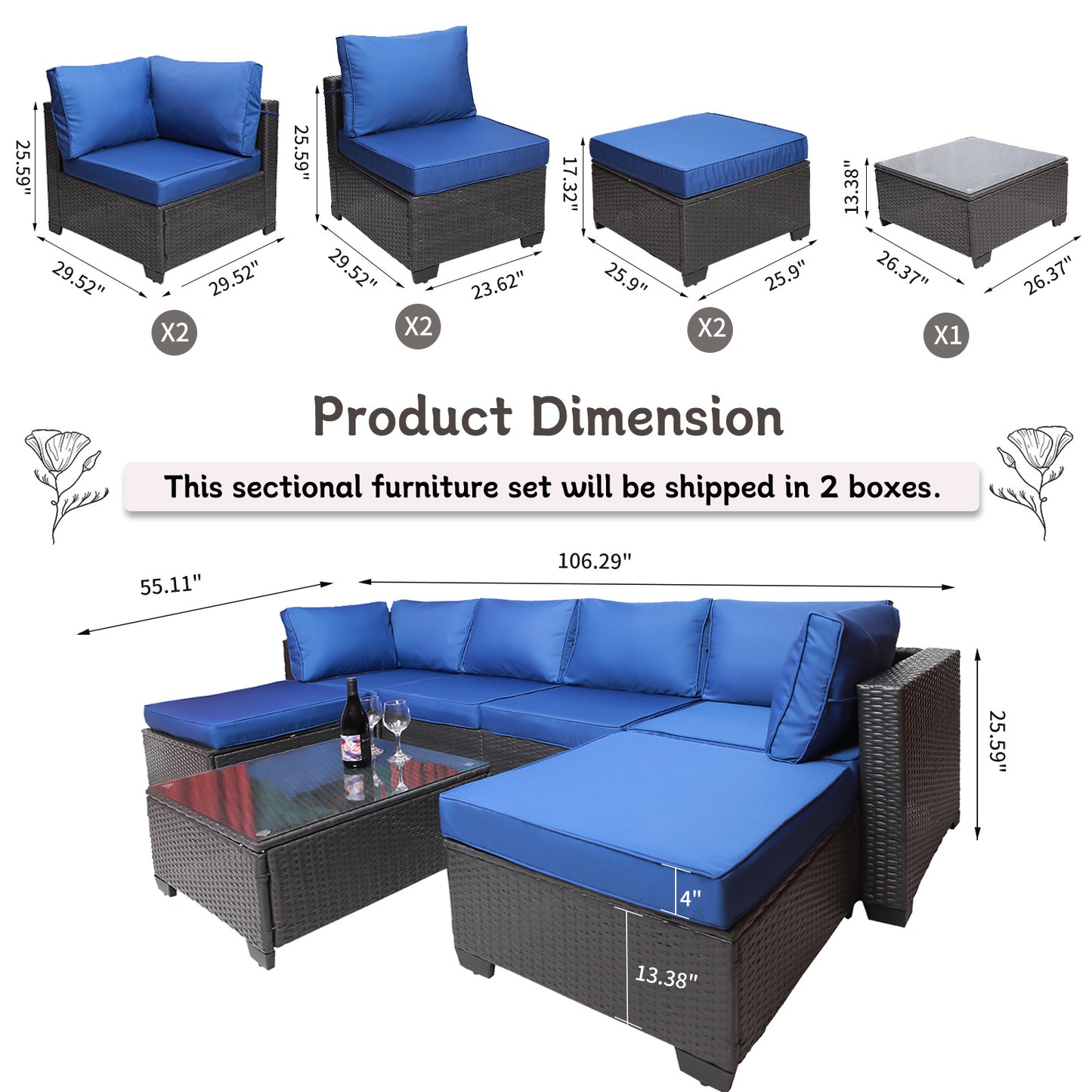 7 Pieces Outdoor Patio Sectional Sofa Couch, Silver Gray PE Wicker Furniture Conversation Sets with Washable Cushions & Glass Coffee Table for Garden, Poolside, Backyard