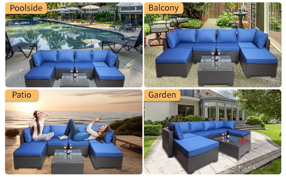 7 Pieces Outdoor Patio Sectional Sofa Couch, Silver Gray PE Wicker Furniture Conversation Sets with Washable Cushions & Glass Coffee Table for Garden, Poolside, Backyard