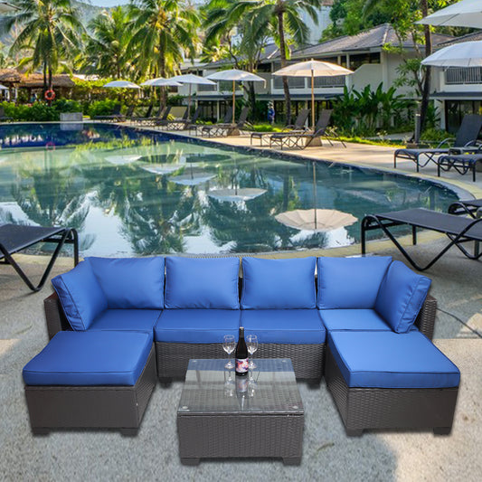 7 Pieces Outdoor Patio Sectional Sofa Couch, Silver Gray PE Wicker Furniture Conversation Sets with Washable Cushions & Glass Coffee Table for Garden, Poolside, Backyard