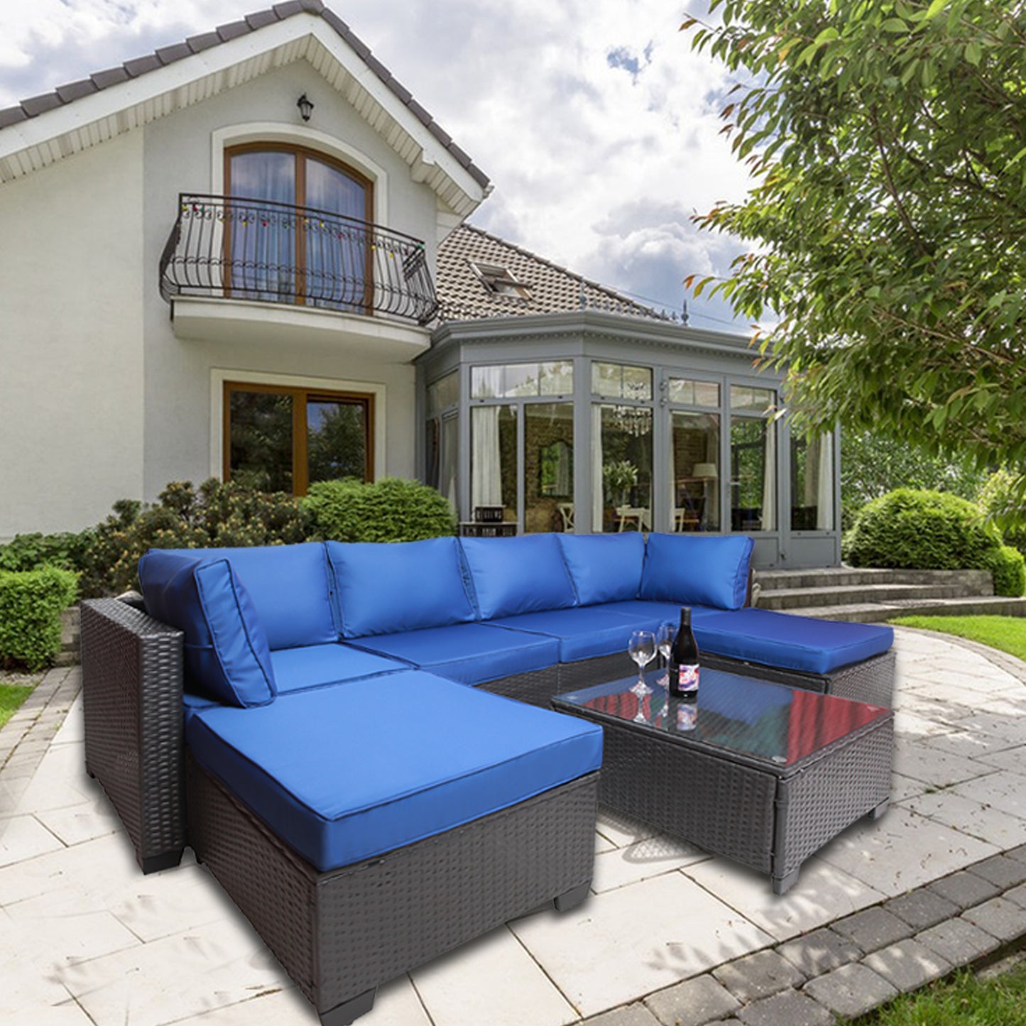 7 Pieces Outdoor Patio Sectional Sofa Couch, Silver Gray PE Wicker Furniture Conversation Sets with Washable Cushions & Glass Coffee Table for Garden, Poolside, Backyard