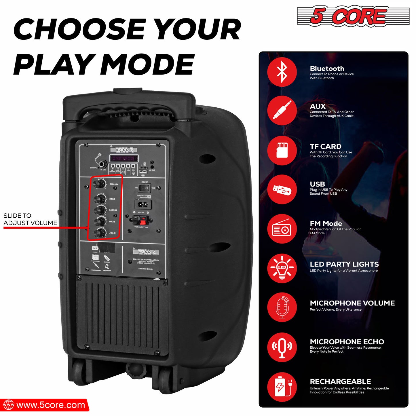 5 Core DJ speakers 10" Rechargeable Powered PA system 400W Loud Speaker Bluetooth USB SD Card AUX MP3 FM LED Ring - ACTIVE HOME 10 2-MIC