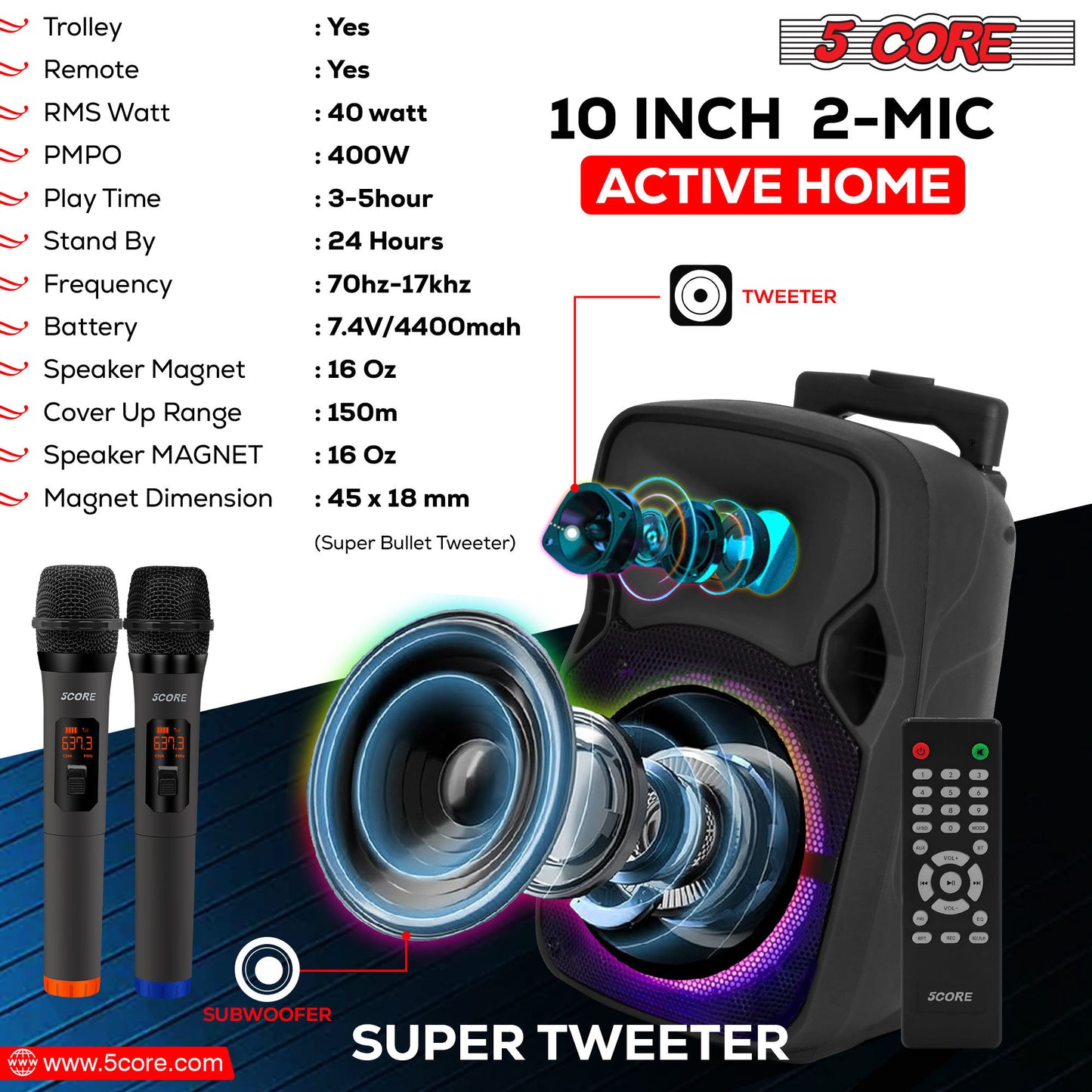 5 Core DJ speakers 10" Rechargeable Powered PA system 400W Loud Speaker Bluetooth USB SD Card AUX MP3 FM LED Ring - ACTIVE HOME 10 2-MIC