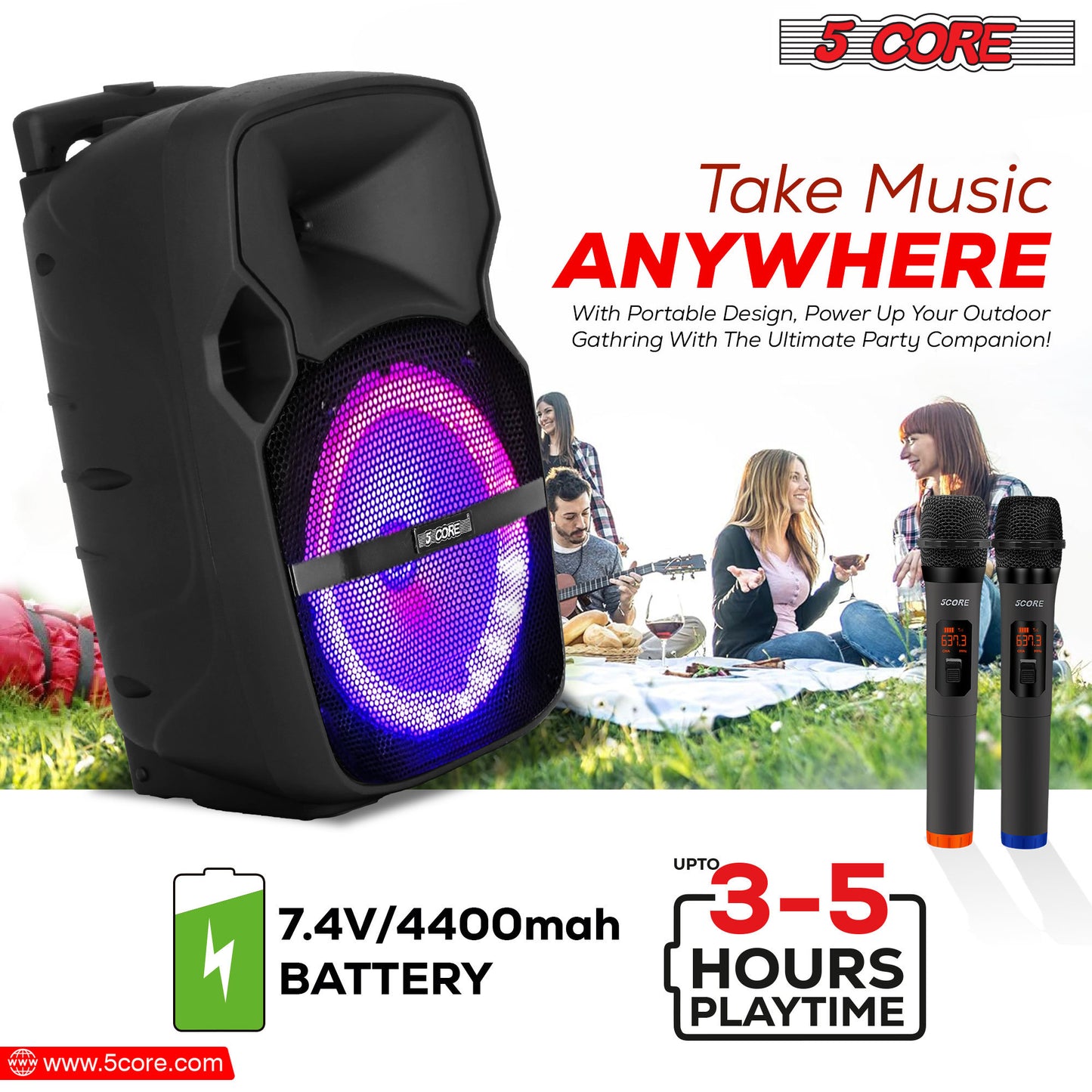 5 Core DJ speakers 10" Rechargeable Powered PA system 400W Loud Speaker Bluetooth USB SD Card AUX MP3 FM LED Ring - ACTIVE HOME 10 2-MIC