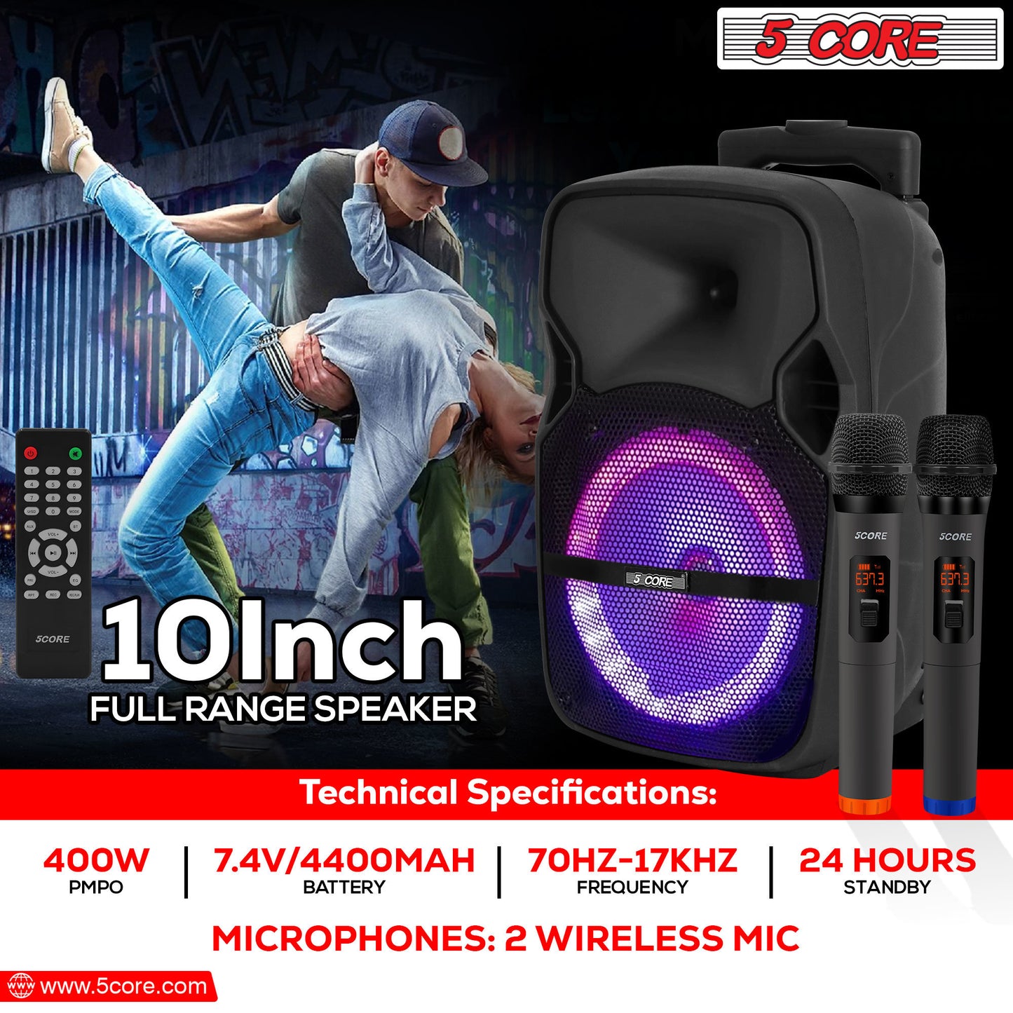 5 Core DJ speakers 10" Rechargeable Powered PA system 400W Loud Speaker Bluetooth USB SD Card AUX MP3 FM LED Ring - ACTIVE HOME 10 2-MIC