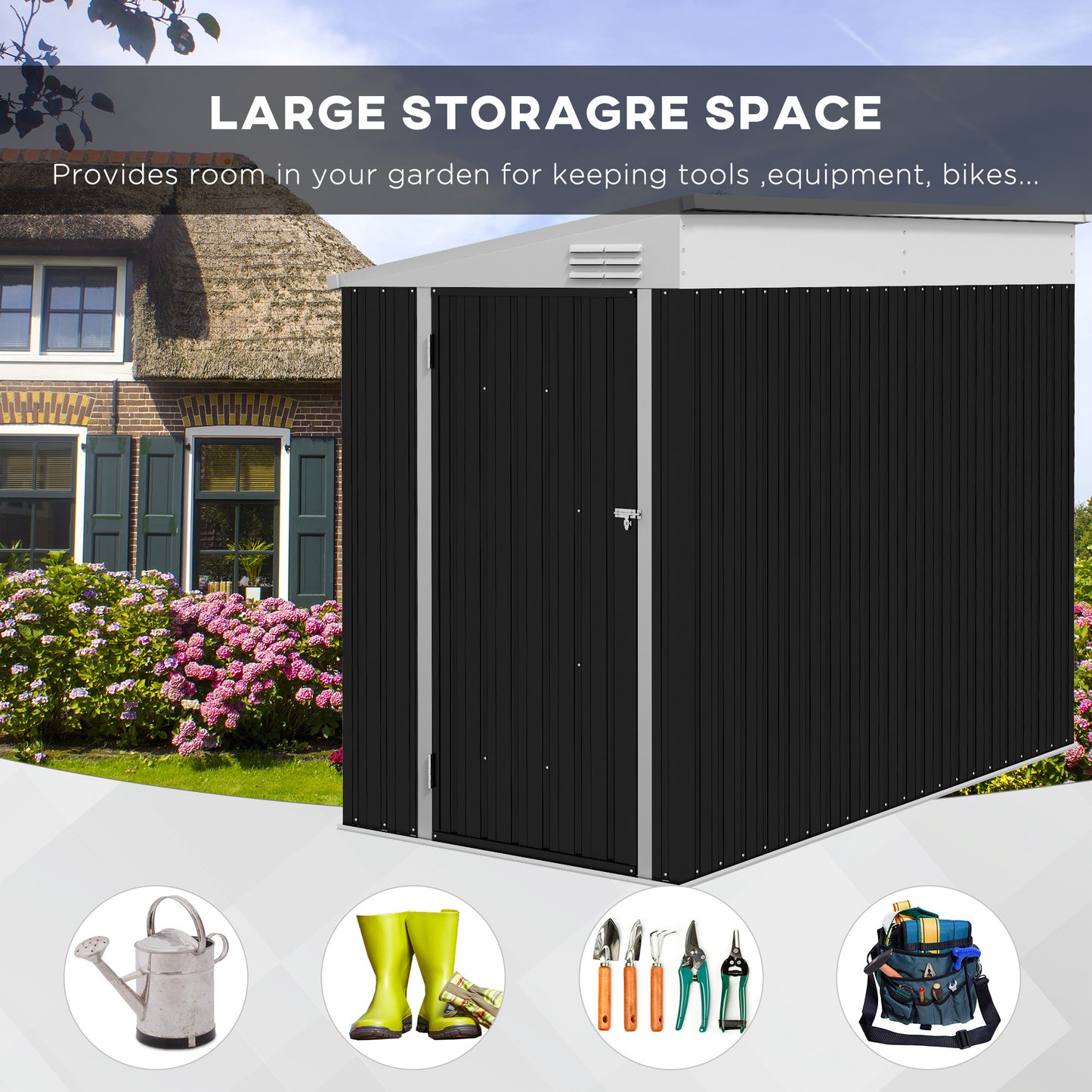 Outsunny 4' x 8' Metal Outdoor Storage Shed, Lean to Storage Shed, Garden Tool Storage House with Lockable Door and 2 Air Vents for Backyard, Patio, Lawn, Dark Gray