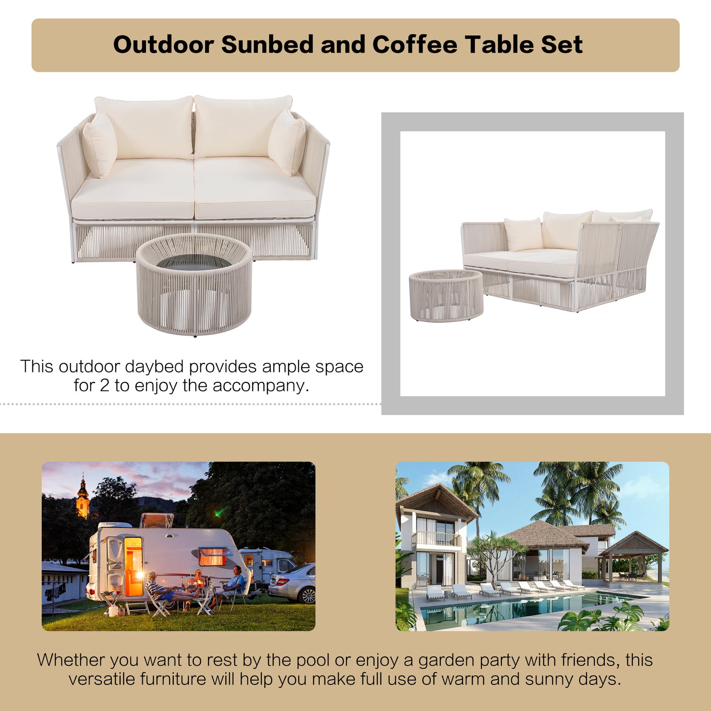 TREXM 2-Piece Outdoor Sunbed and Coffee Table Set, Patio Double Chaise Lounger Loveseat Daybed with Clear Tempered Glass Table for the patio, poolside (Beige Cushion + Natural Rope)