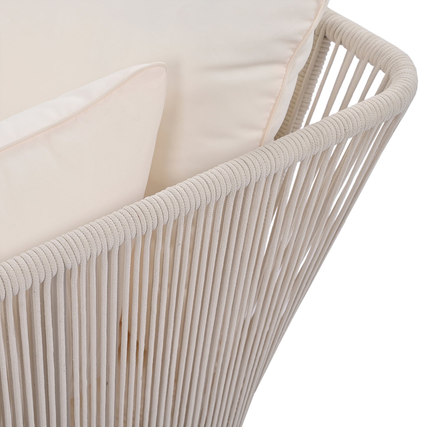 TREXM 2-Piece Outdoor Sunbed and Coffee Table Set, Patio Double Chaise Lounger Loveseat Daybed with Clear Tempered Glass Table for the patio, poolside (Beige Cushion + Natural Rope)