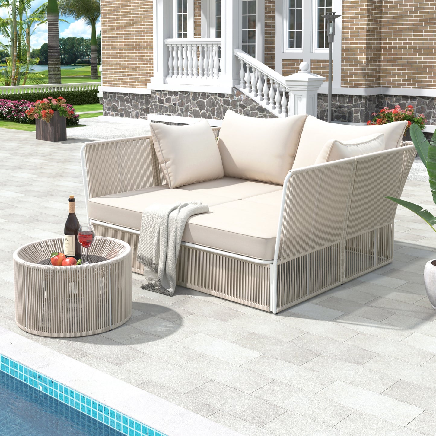 TREXM 2-Piece Outdoor Sunbed and Coffee Table Set, Patio Double Chaise Lounger Loveseat Daybed with Clear Tempered Glass Table for the patio, poolside (Beige Cushion + Natural Rope)