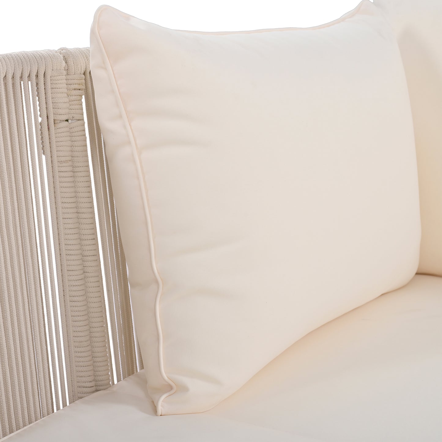 TREXM 2-Piece Outdoor Sunbed and Coffee Table Set, Patio Double Chaise Lounger Loveseat Daybed with Clear Tempered Glass Table for the patio, poolside (Beige Cushion + Natural Rope)