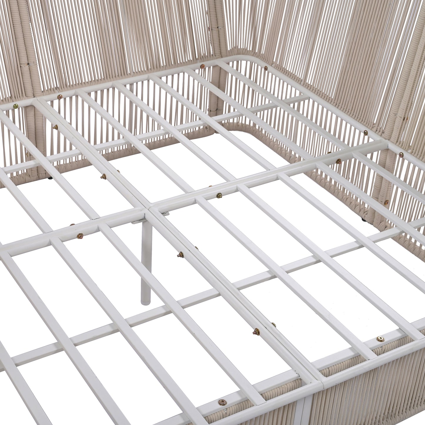 TREXM 2-Piece Outdoor Sunbed and Coffee Table Set, Patio Double Chaise Lounger Loveseat Daybed with Clear Tempered Glass Table for the patio, poolside (Beige Cushion + Natural Rope)