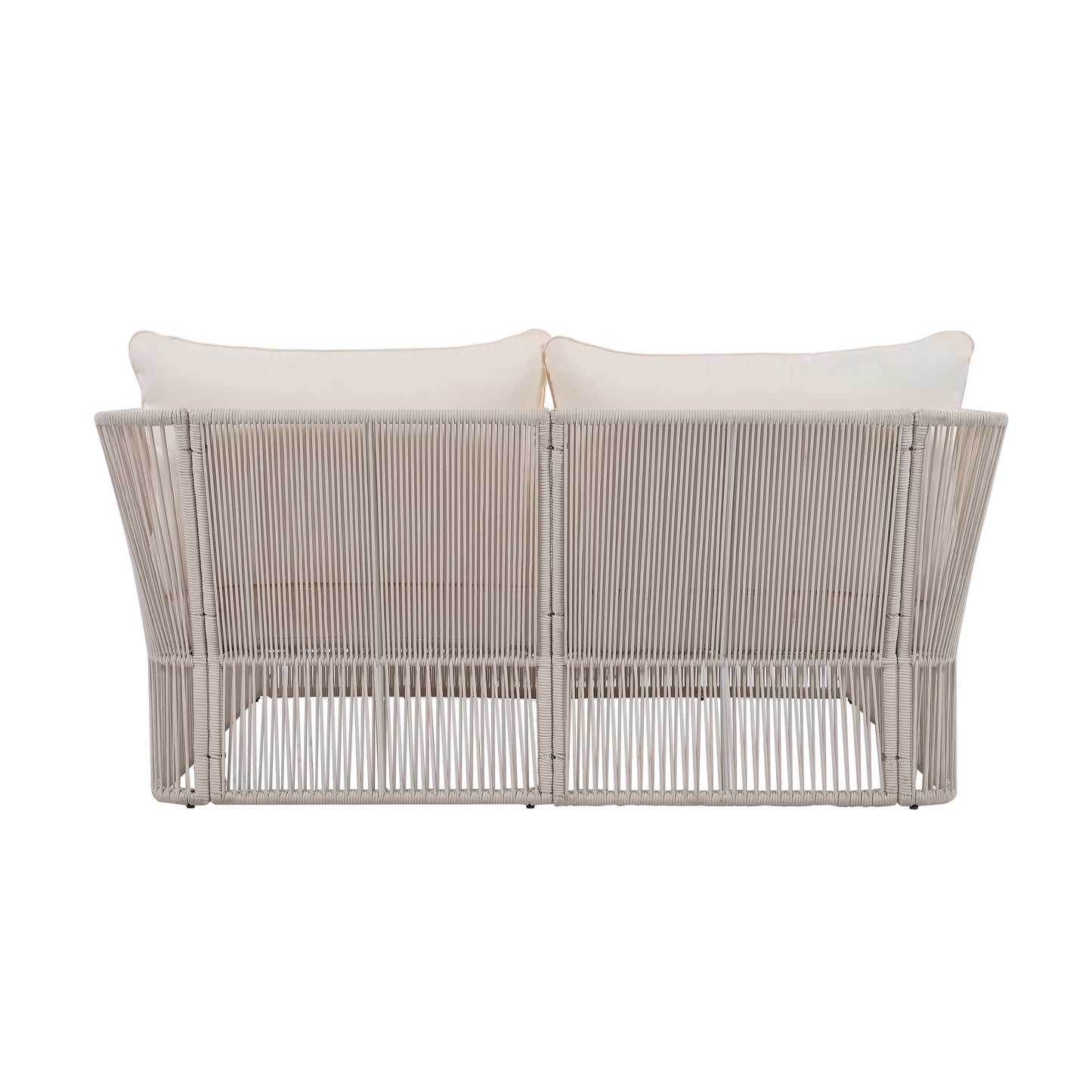 TREXM 2-Piece Outdoor Sunbed and Coffee Table Set, Patio Double Chaise Lounger Loveseat Daybed with Clear Tempered Glass Table for the patio, poolside (Beige Cushion + Natural Rope)