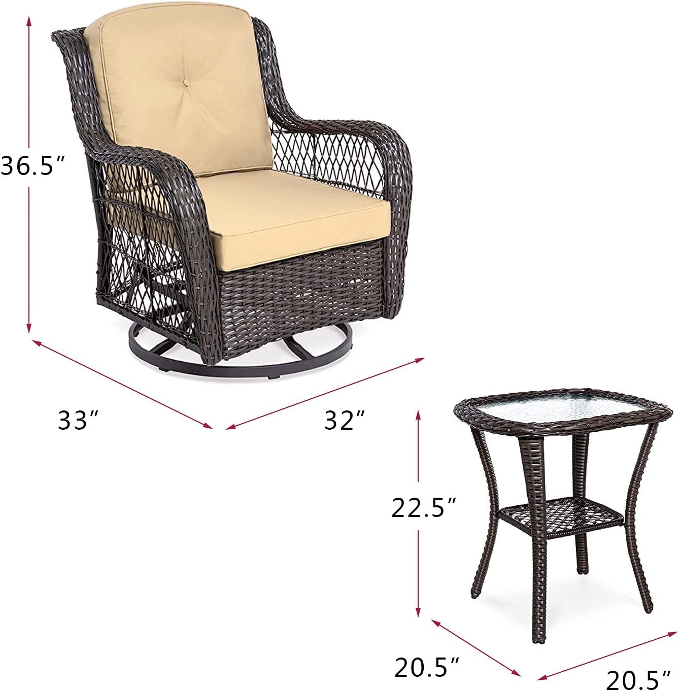 Outdoor Bistro Set 3 Pieces;  Outdoor Resin Wicker Swivel Rocker Patio Chair;  360-Degree Swivel Rocking Chairs and Tempered Glass Top Side Coffee Table;  Outdoor Rattan Conversation Sets