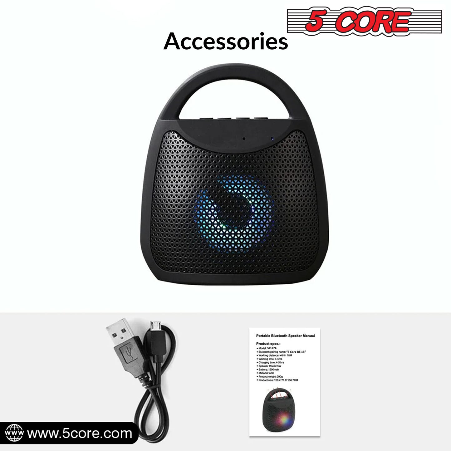 4" Portable Bluetooth Speaker Outdoor Wireless Mini 40W with Loud Stereo and Booming Bass, USB, FM, 10H Playtime, LED Party Lights, Water Resistant 5 Core - BLUETOOTH 13B